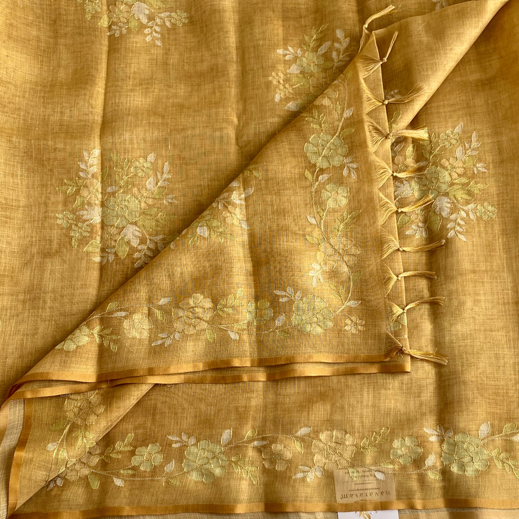 Mustard Gold Floral Embroidered Saree with Tassel Border Elegant Lightweight