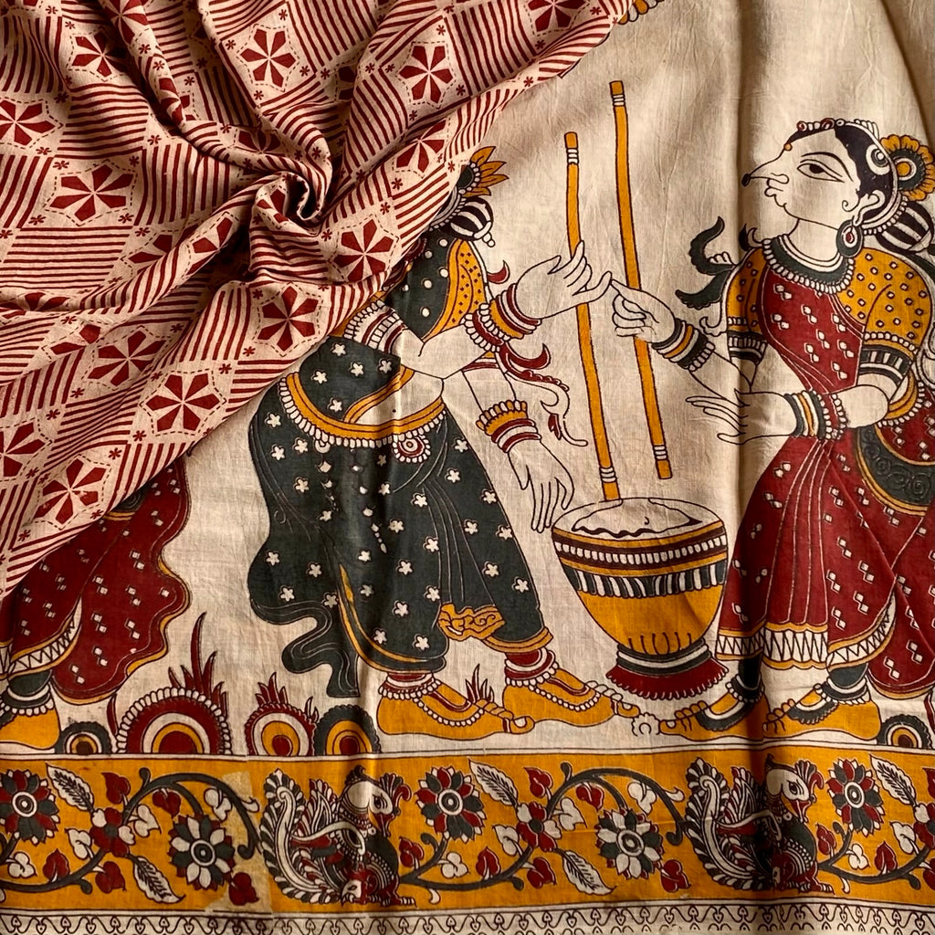 Natural Beige Soft Kalamkari Cotton Saree With Deep Maroon Designer Prints
