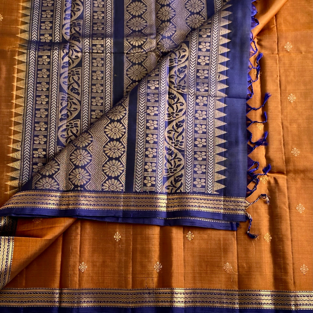 Copper Brown Designer Pure Silk Saree With Midnight Navy Pallu