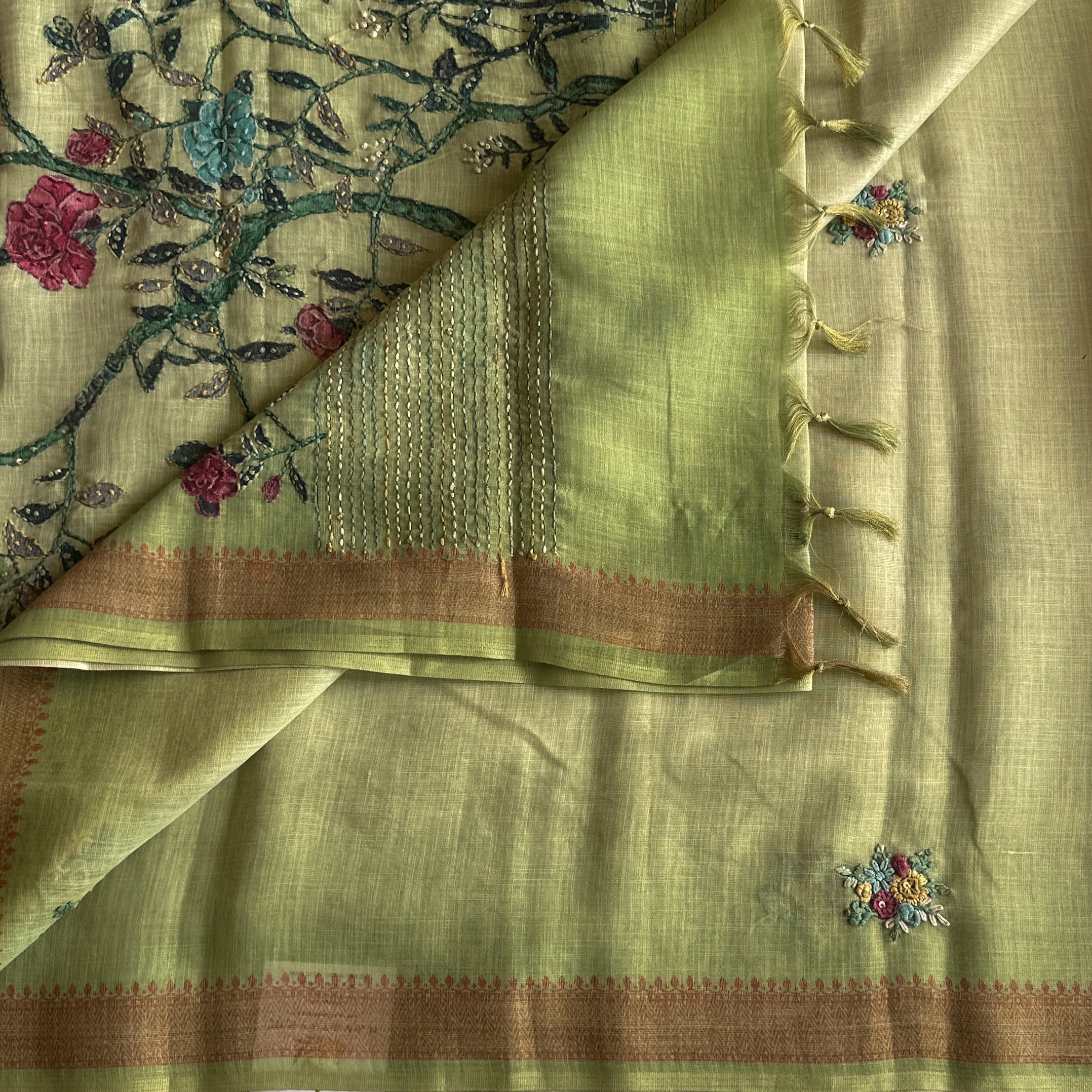 Elegant Pistachio Green Floral Embroidered Saree Antique Gold Brocade Border