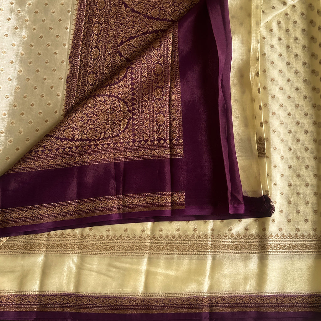 Ivory Plum Banarasi Silk Saree Antique Gold Zari Work Bridal