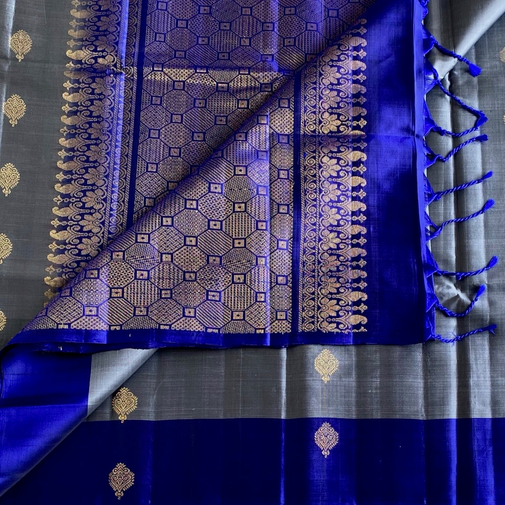 Slate Gray Designer Pure Silk Saree With Royal Blue Pallu
