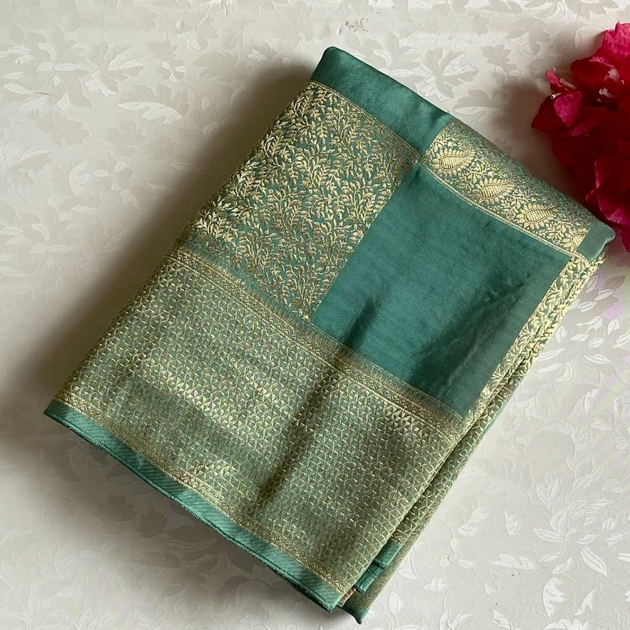 Teal Green Soft Premium Crepe Silk Saree With Gold Zari Checked Panels