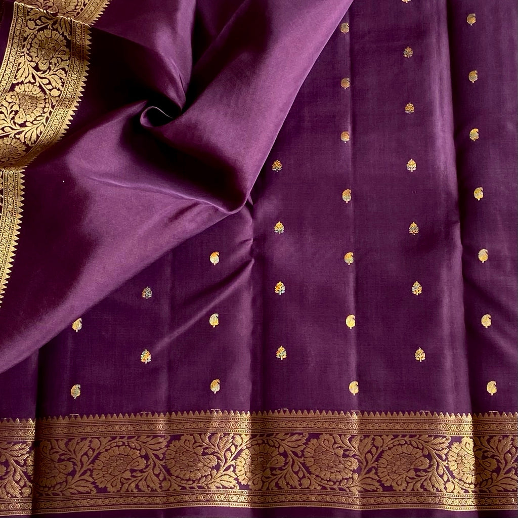 Deep Purple Designer Pure Silk Saree With Antique Gold Brocade Border