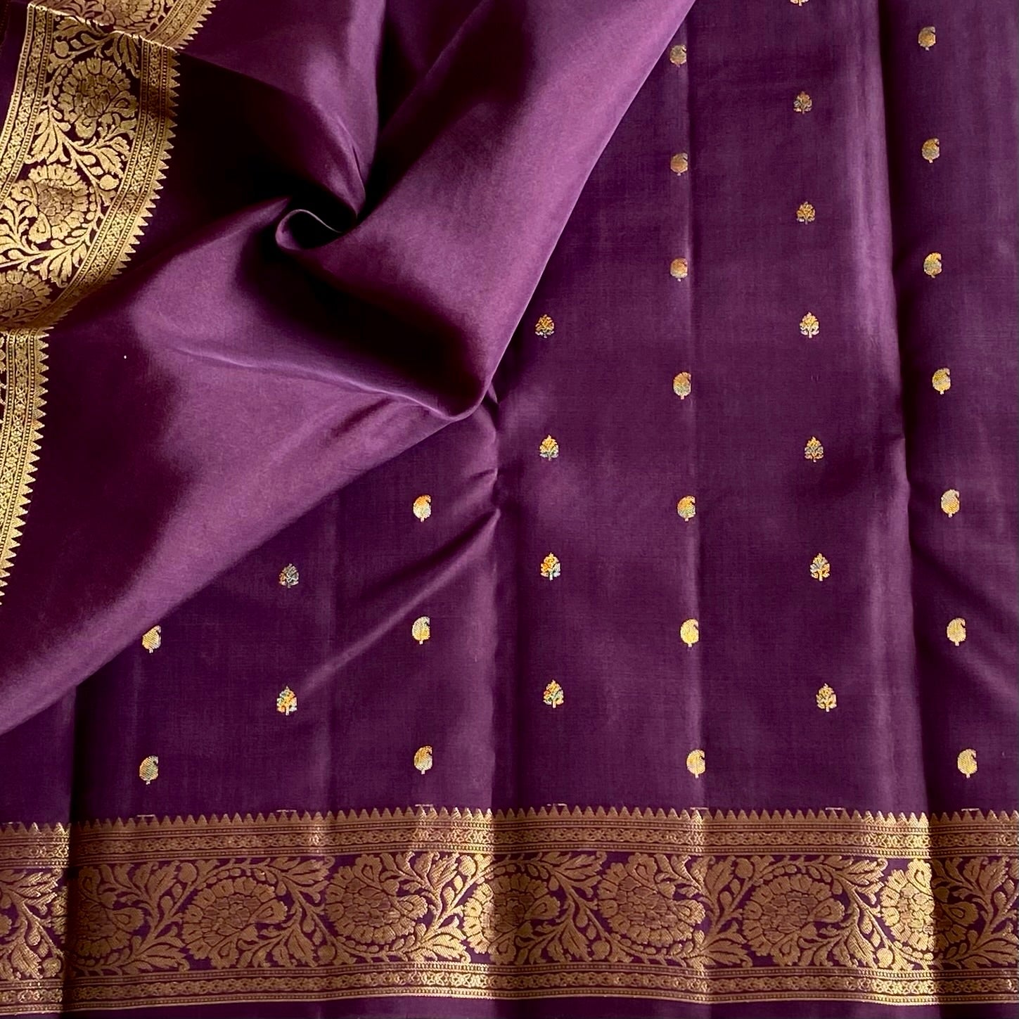 Deep Purple Designer Pure Silk Saree With Antique Gold Brocade Border