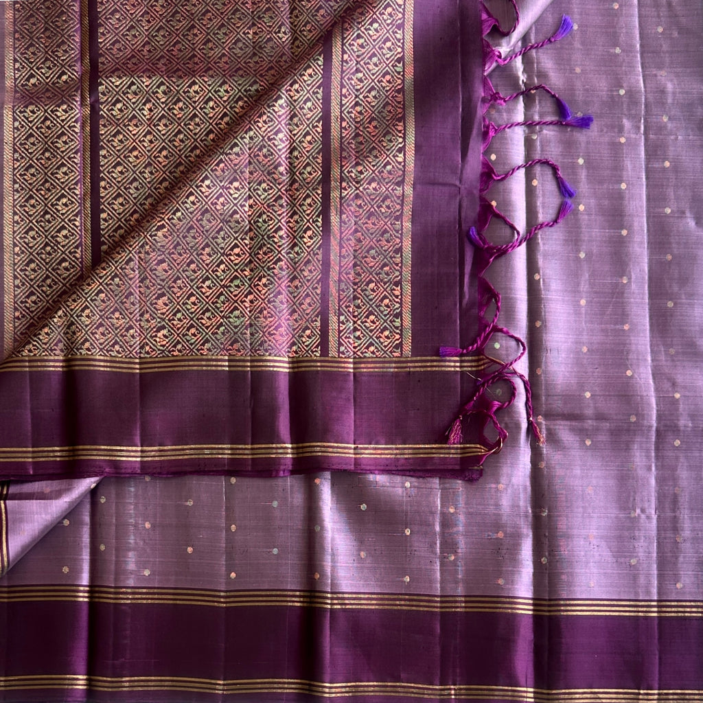 Deep Violet Silk Saree Antique Gold Diamond Pallu Gold Border