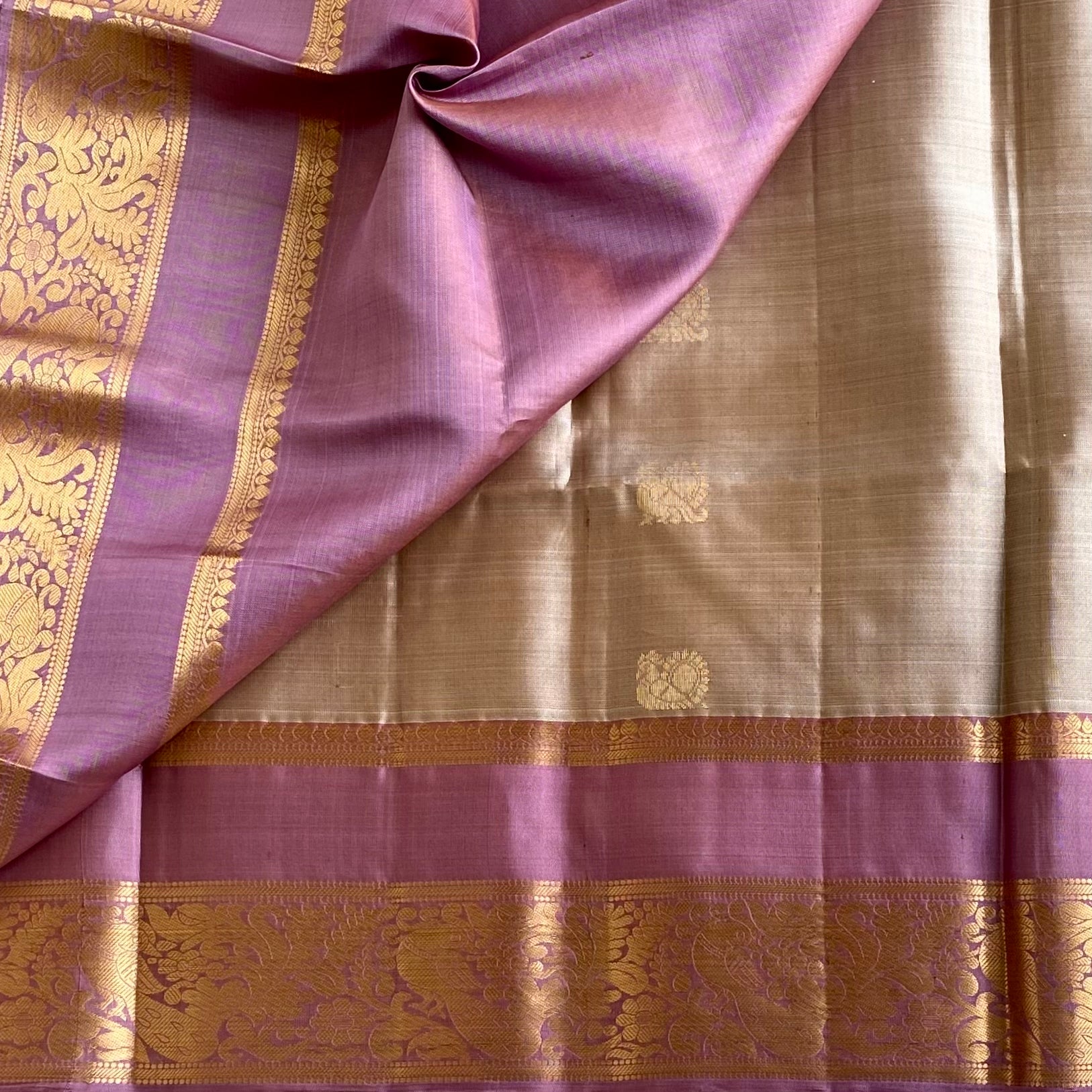 Champagne Beige Designer Pure Silk With Metallic Lavender Gold Border