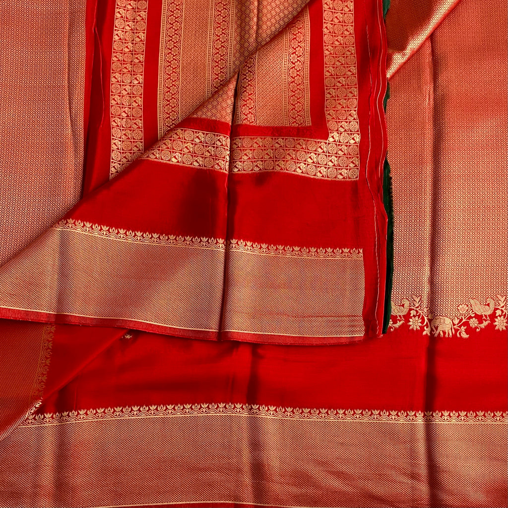Ruby Red Soft Crepe Silk Saree Antique Gold Pallu Elephant Border
