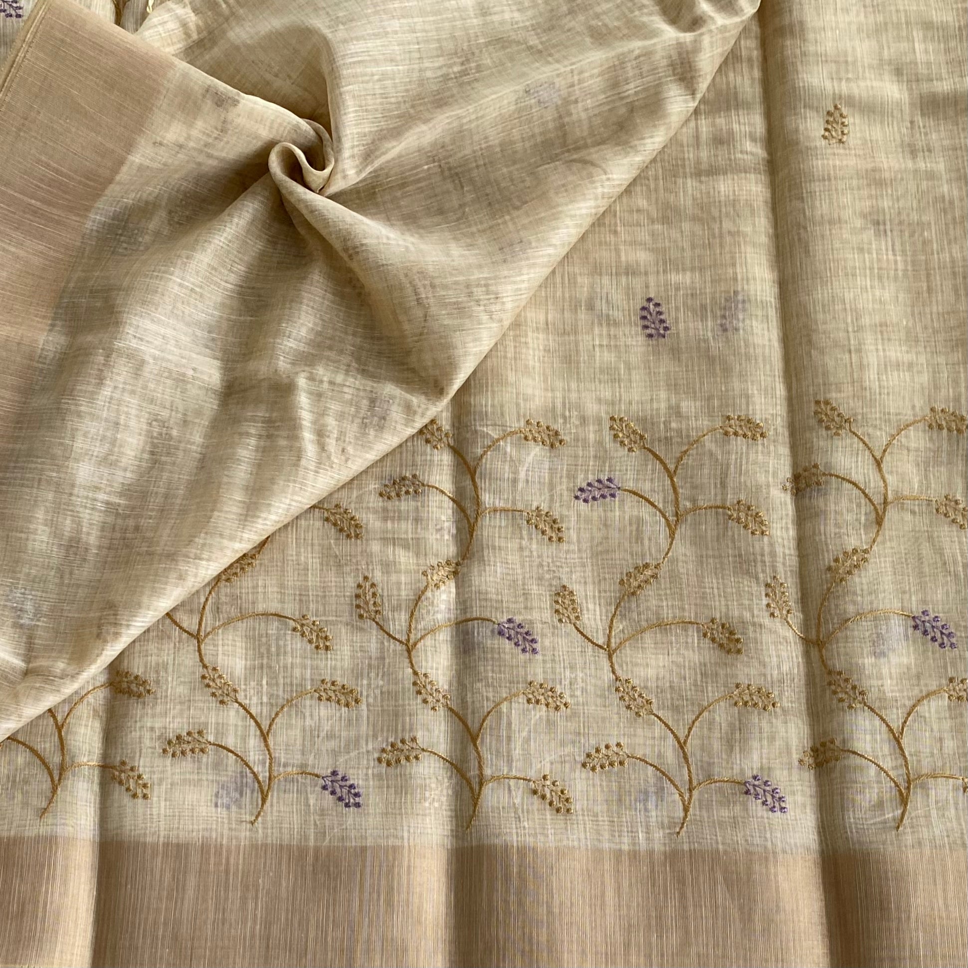 Light Beige Golden Vine Saree with Lavender Accents and Tassels