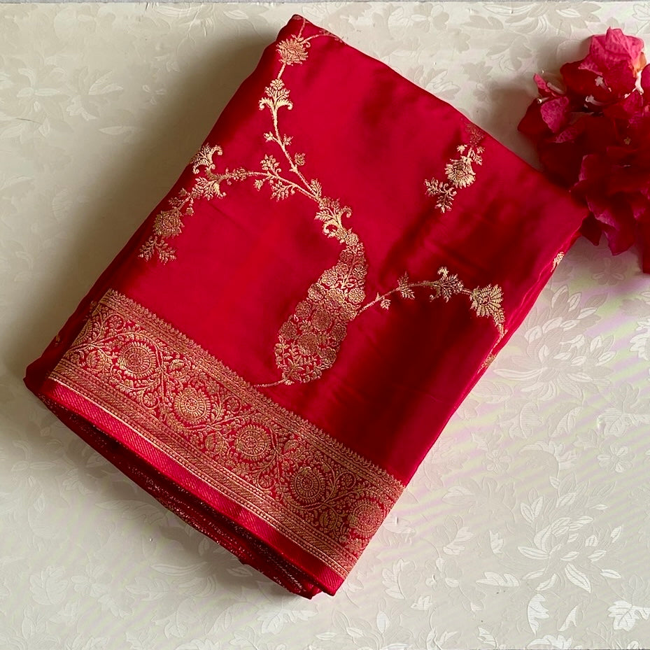 Scarlet Red Soft Crepe Silk Saree With Antique Gold Brocade Border