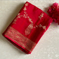 Scarlet Red Soft Crepe Silk Saree With Antique Gold Brocade Border
