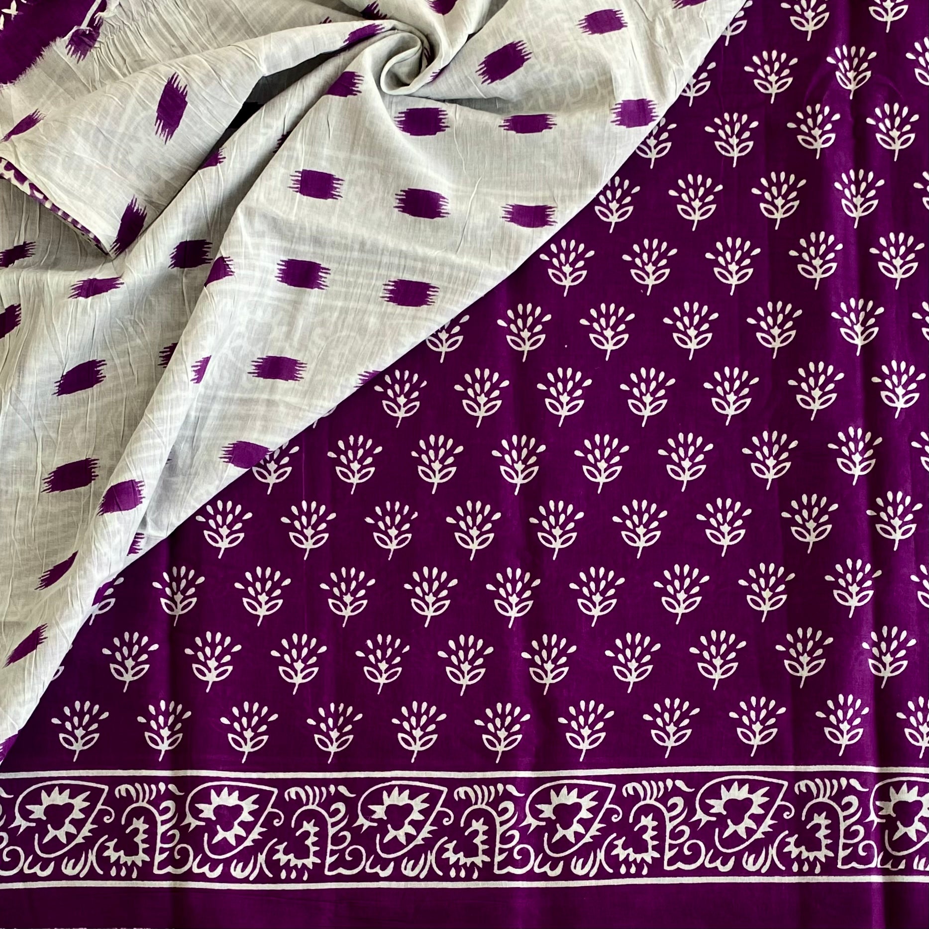 Purple Cotton Block Print Saree White Floral Paisley Border Traditional