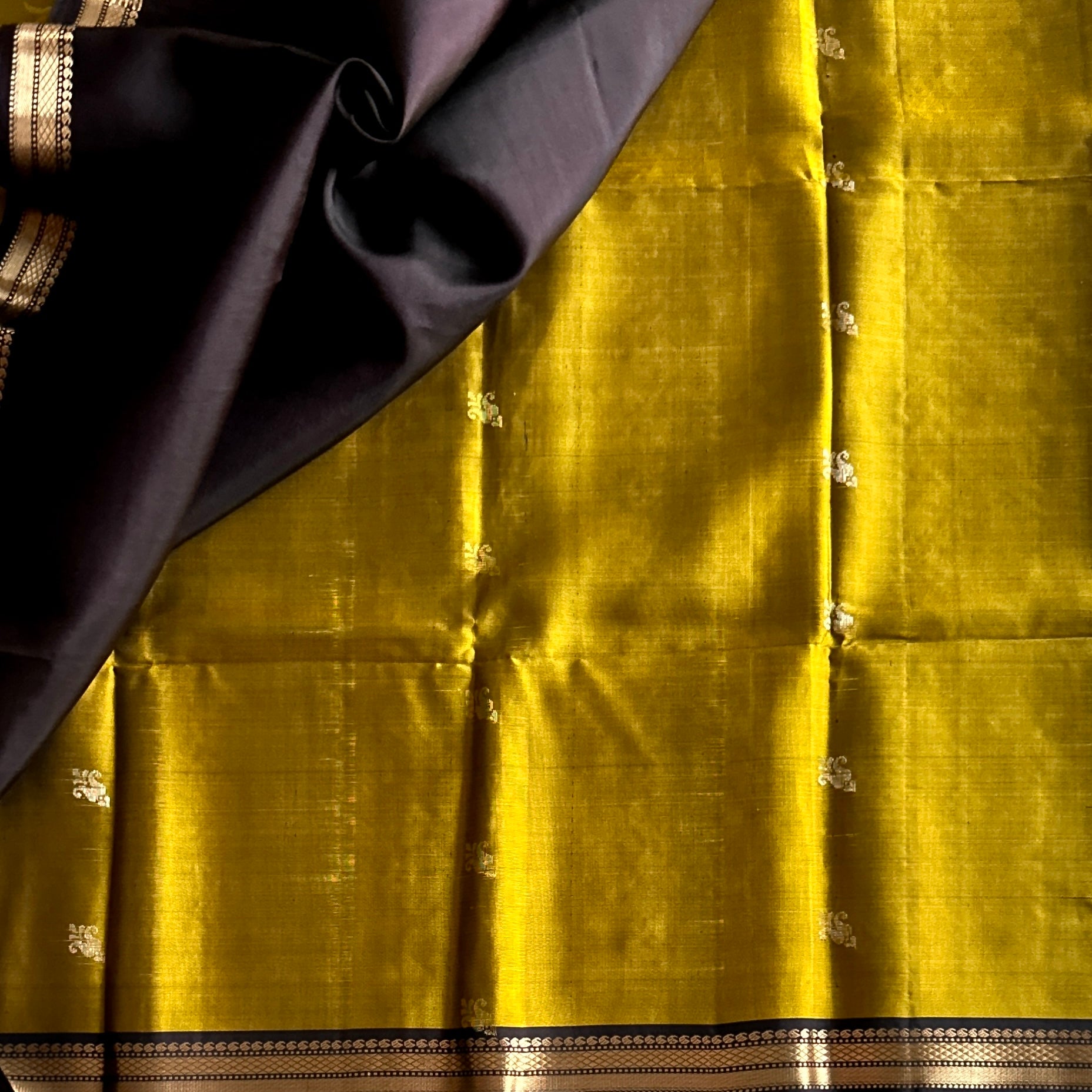 Mustard Yellow Saree Deep Chocolate Pallu Antique Zari Floral Paisley
