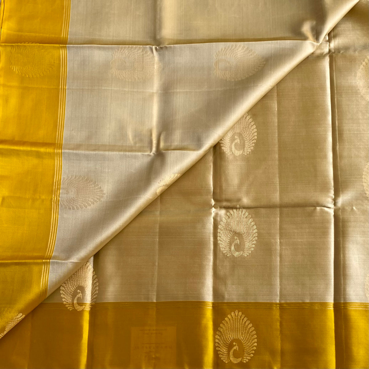 Champagne Beige Designer Pure Silk Saree With Mustard Yellow Pallu