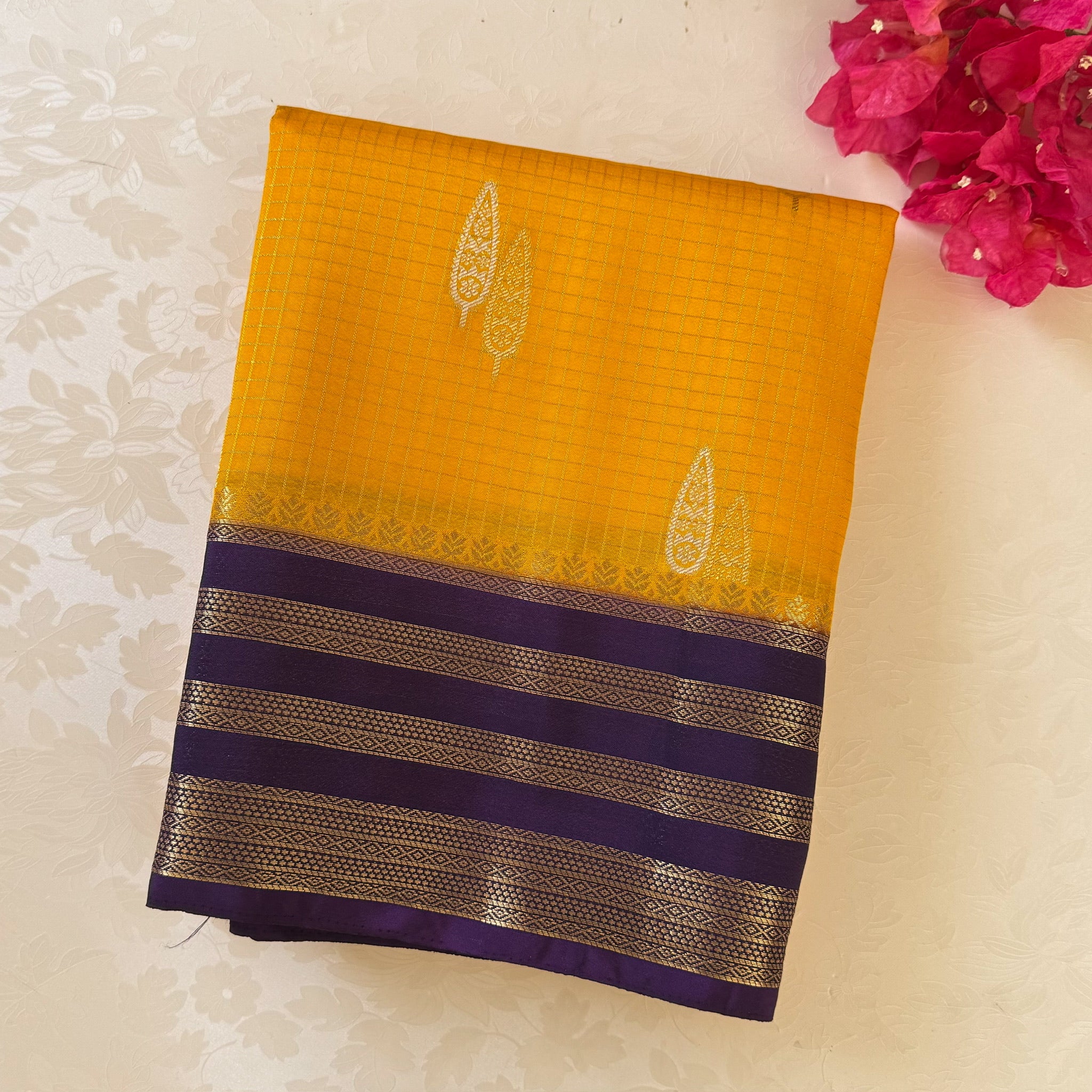 Marigold Yellow Silk Saree Royal Purple Pallu Antique Gold Zari