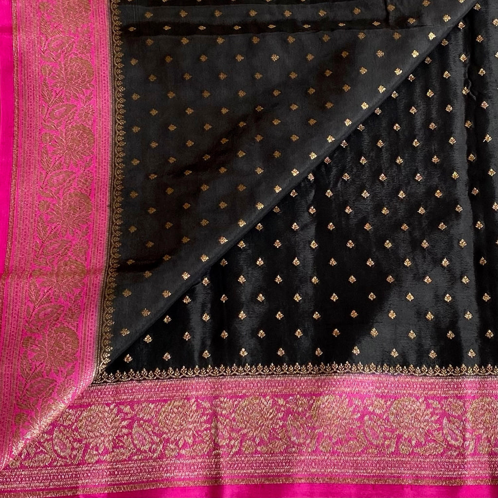 Jet Black Banarasi Crepe Silk Saree With Rani Pink Contrast