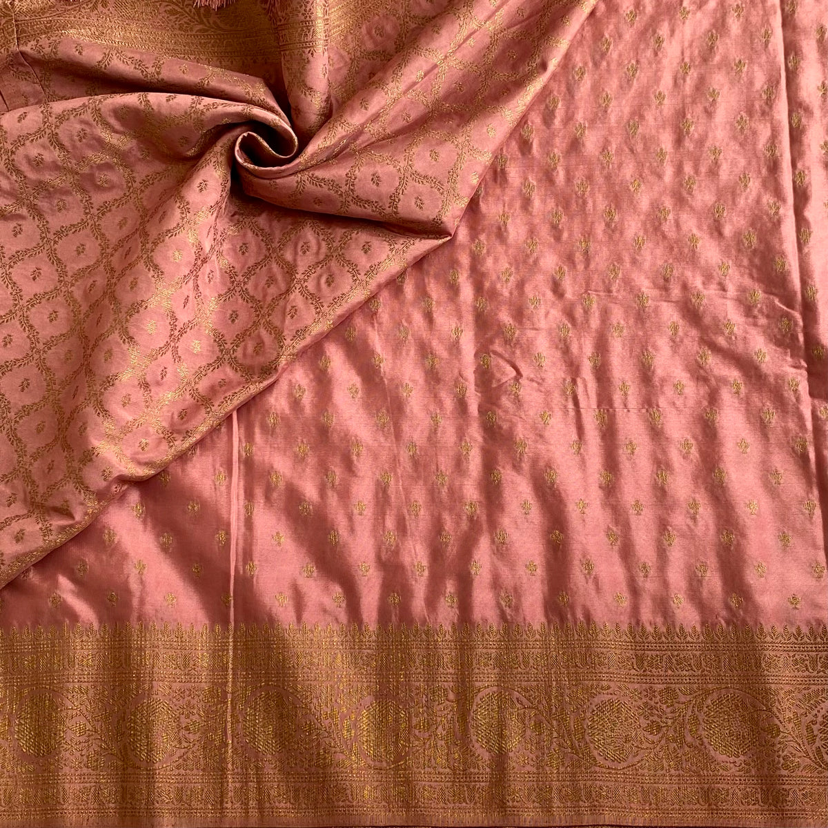 Bronze Copper Soft Satin Crepe  Saree With Antique Gold Pallu