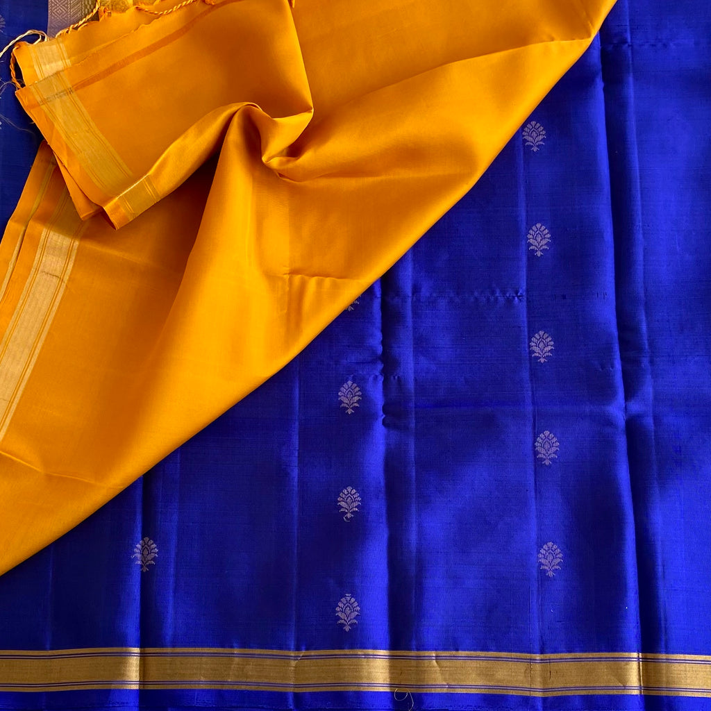 Deep Royal Blue Designer Pure Silk Saree With Rich Golden Yellow Pallu