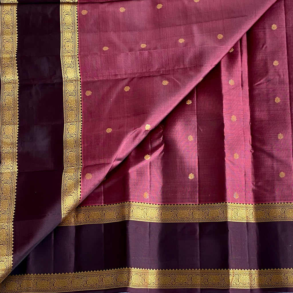 Metallic Mauve Designer Pure Silk Saree Espresso Wine Pallu Gold Zari Border