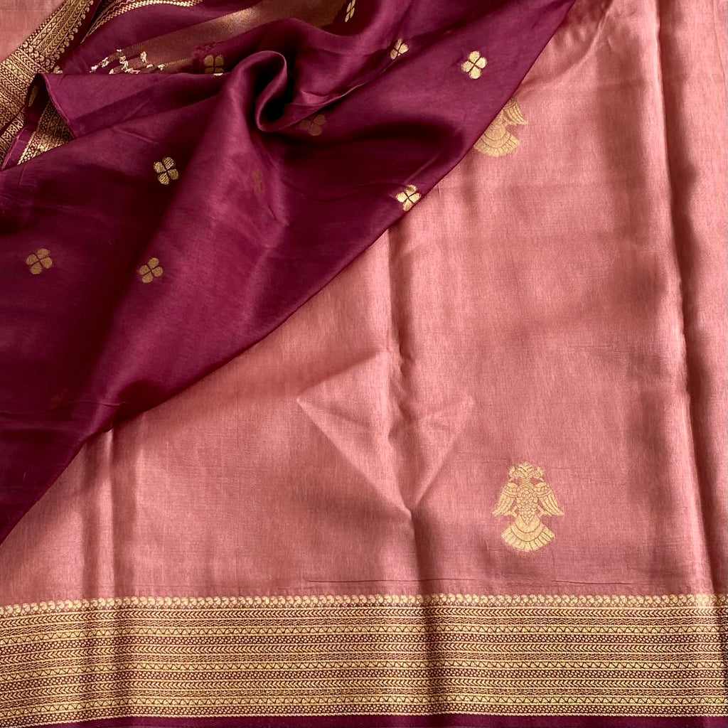 Dusty Rose Soft Tussar Silk Saree With Wine Maroon Pallu