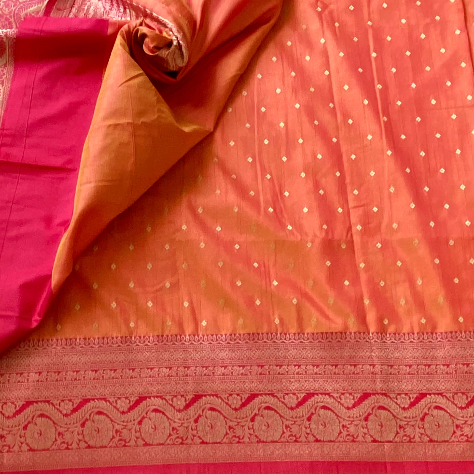 Tangerine Banarasi Silk Saree Gold Buti Magenta Border Pallu Weave