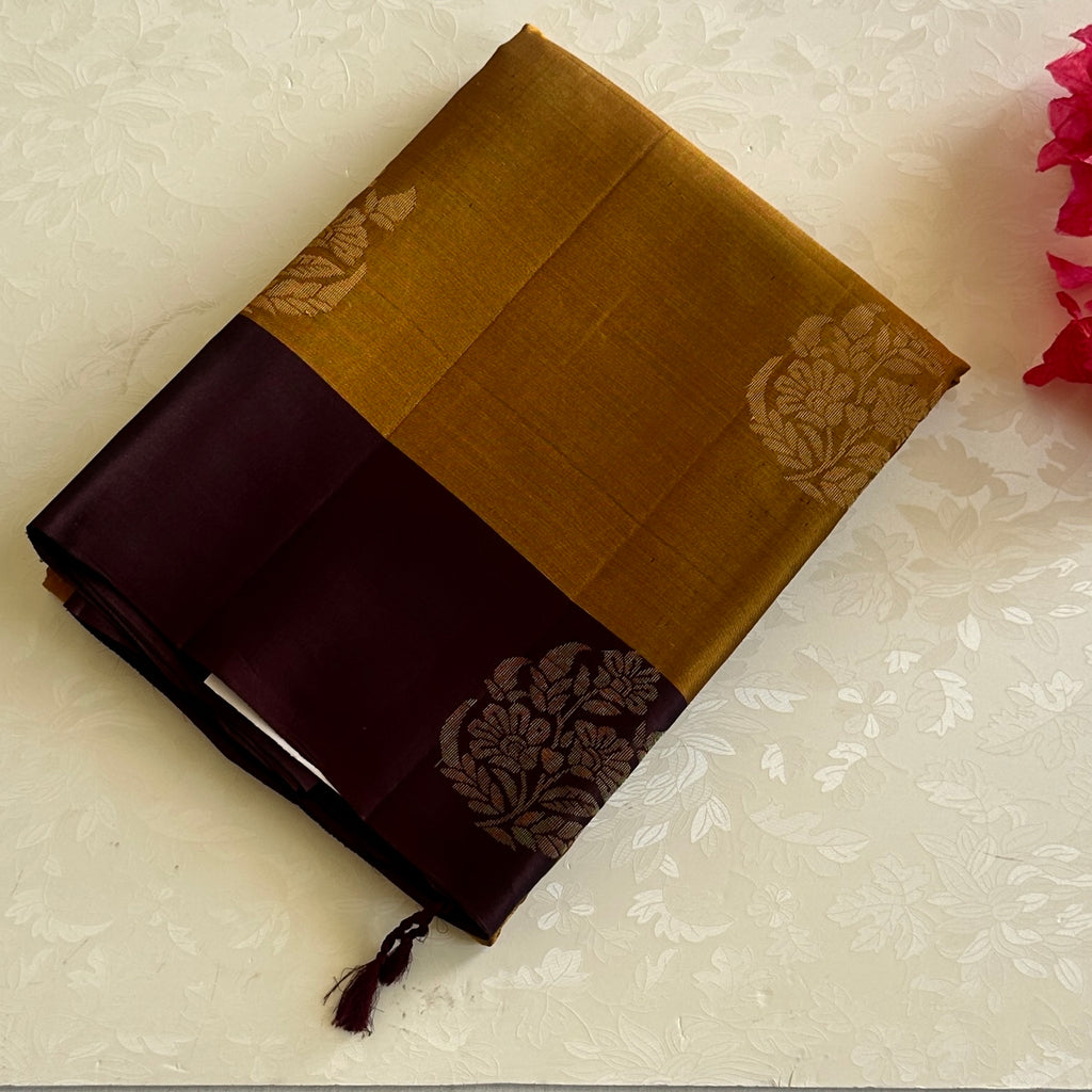 Traditional Mustard Plum Silk Saree With Gold Floral Zari Border