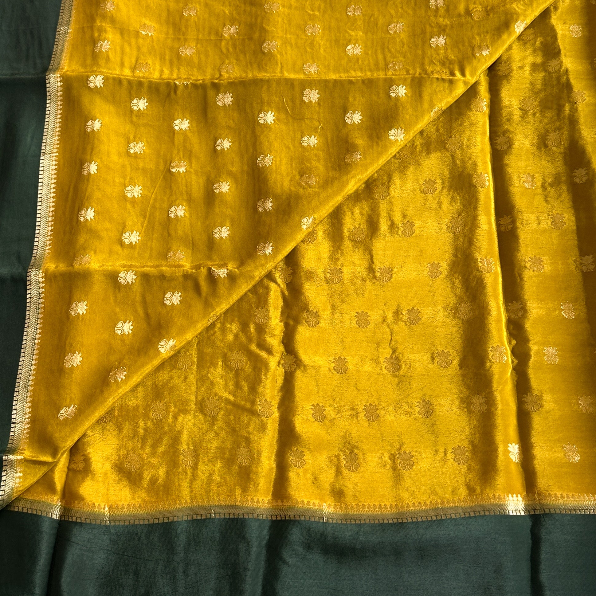 Elegant Mustard Silk Saree with Teal Border Gold Buta Work