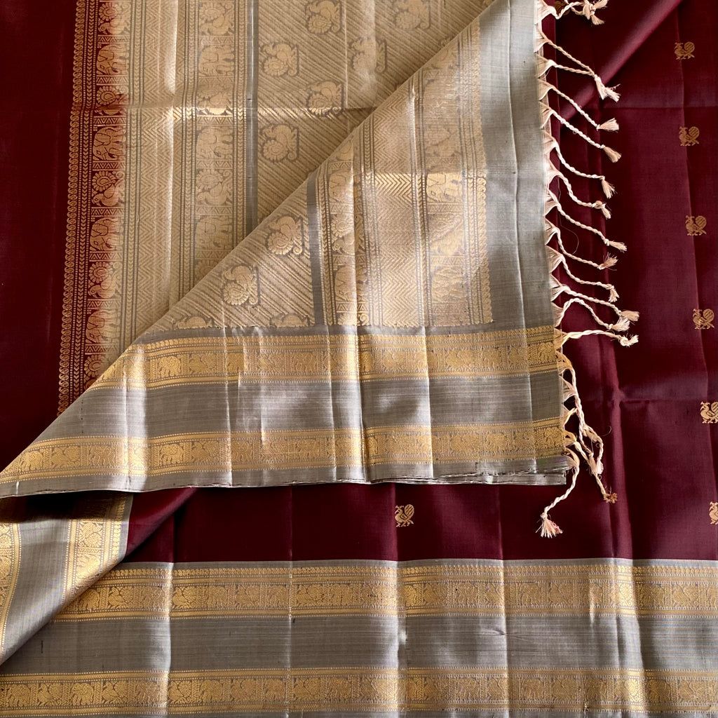 Deep Maroon Designer Pure Silk Saree With Silver Gray Brocade Pallu