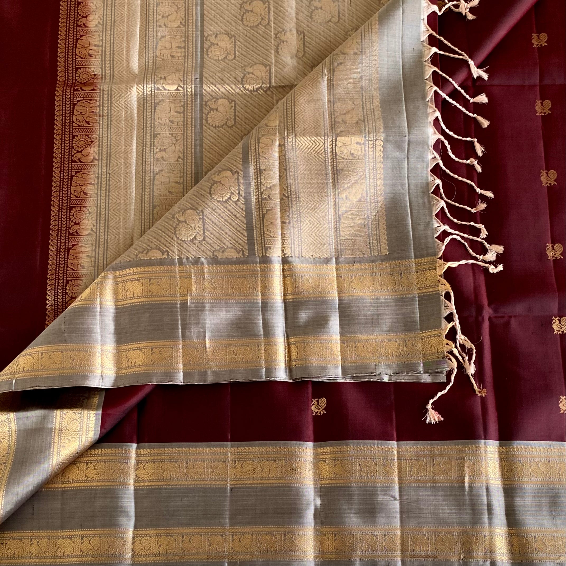 Deep Maroon Designer Pure Silk Saree With Silver Gray Brocade Pallu