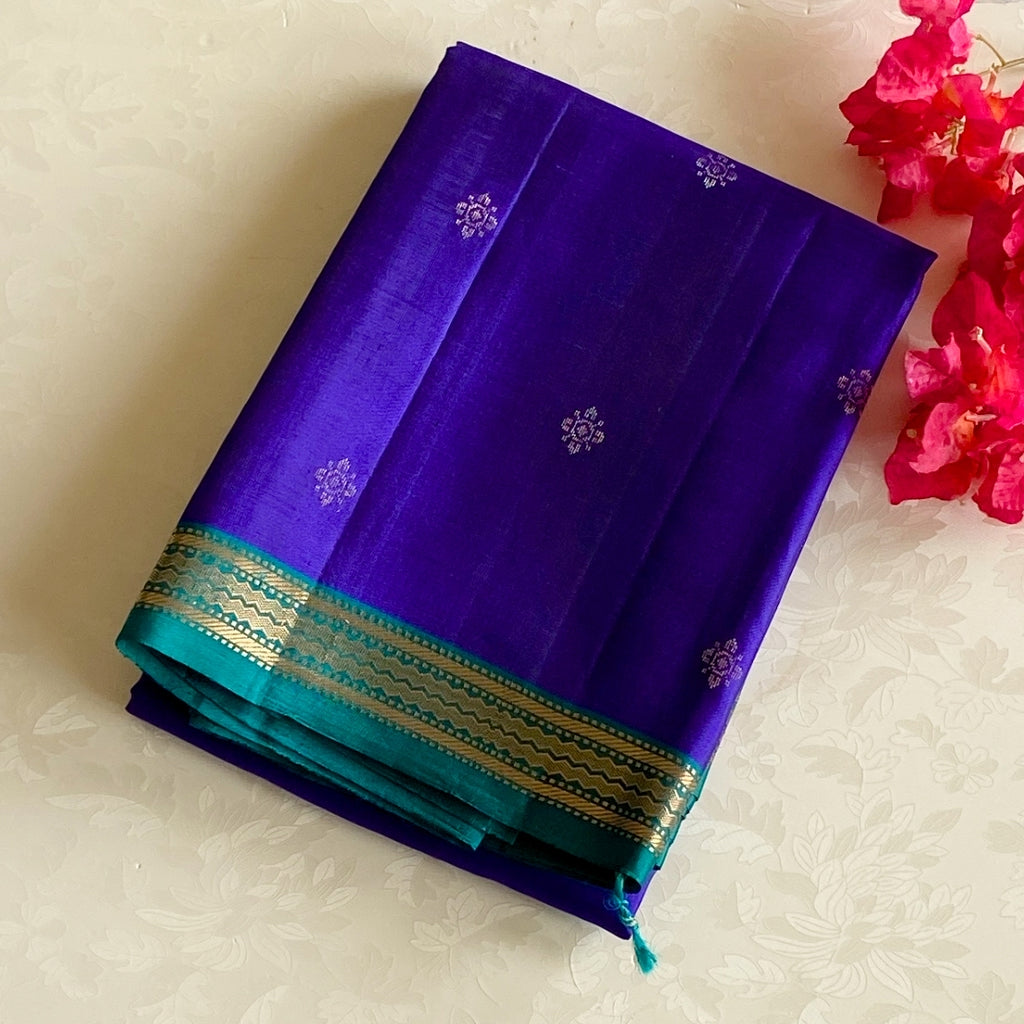Traditional Purple Silk Saree Teal Pallu Gold Zari Floral Weave