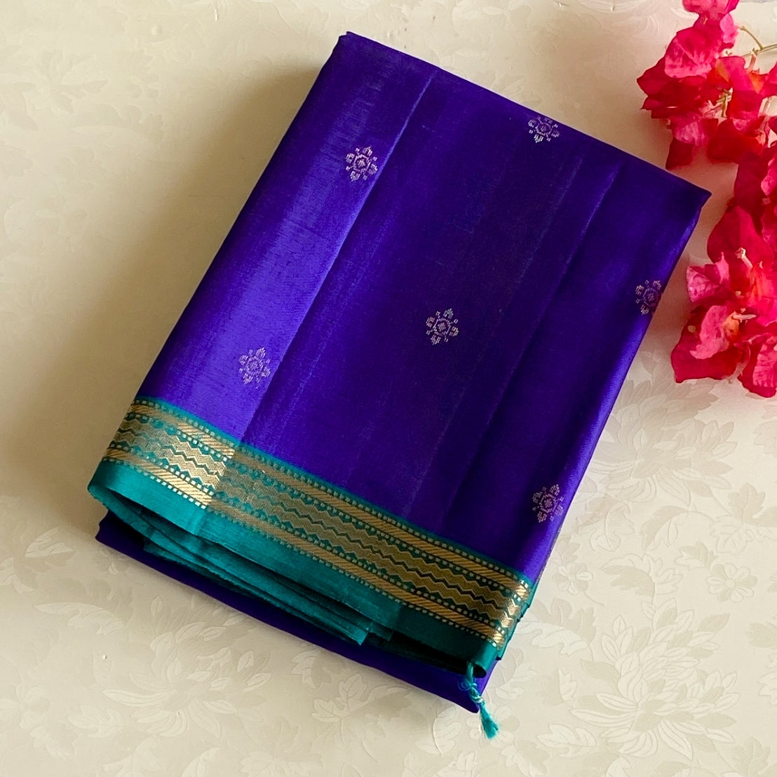 Traditional Purple Silk Saree Teal Pallu Gold Zari Floral Weave