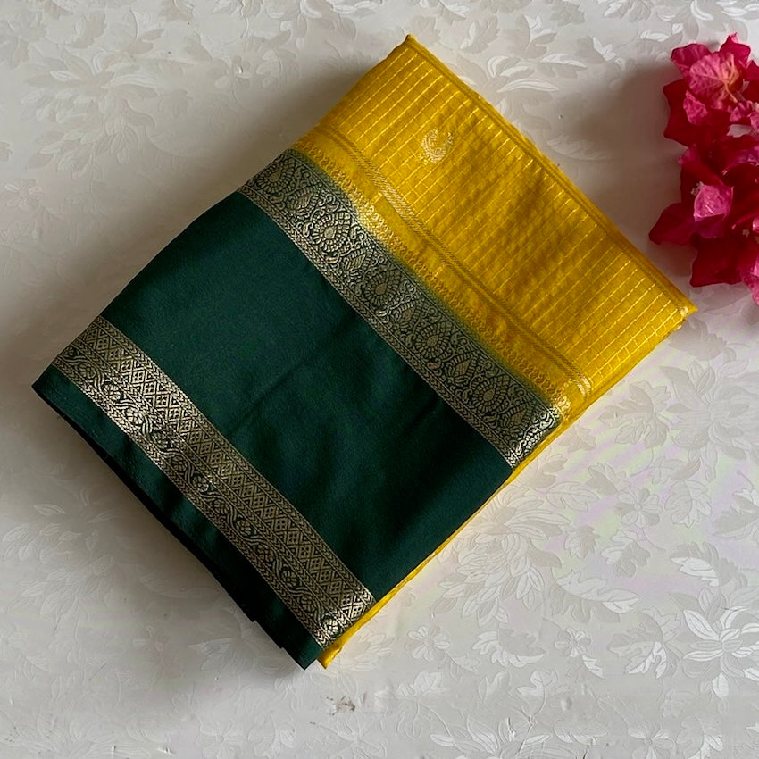 Lovely Mango Yellow Soft Crepe Checkered Silk With Bottle Green Contrast