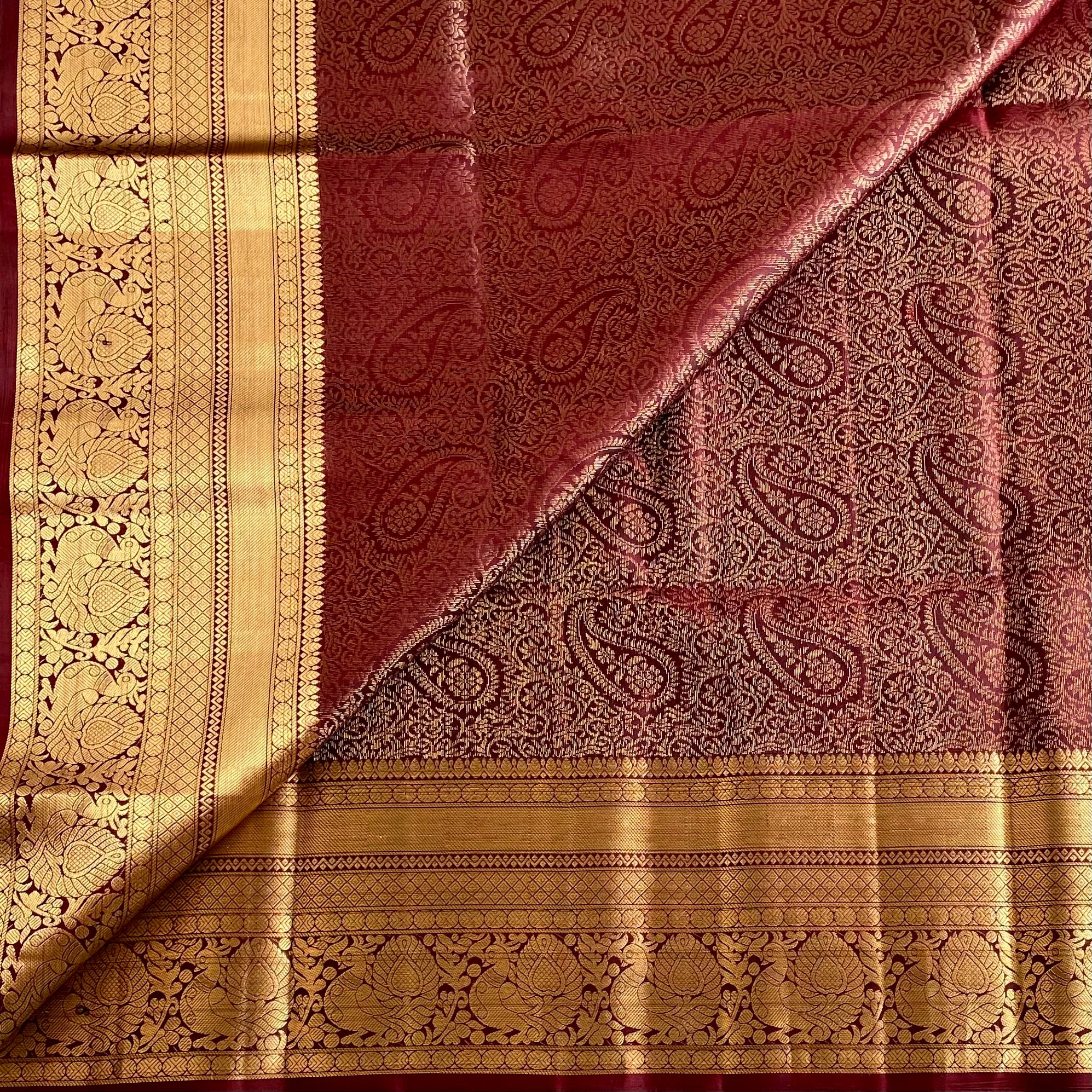 Coffee Wine Designer Brocade Pure Silk Saree With Antique Gold Jaal Border