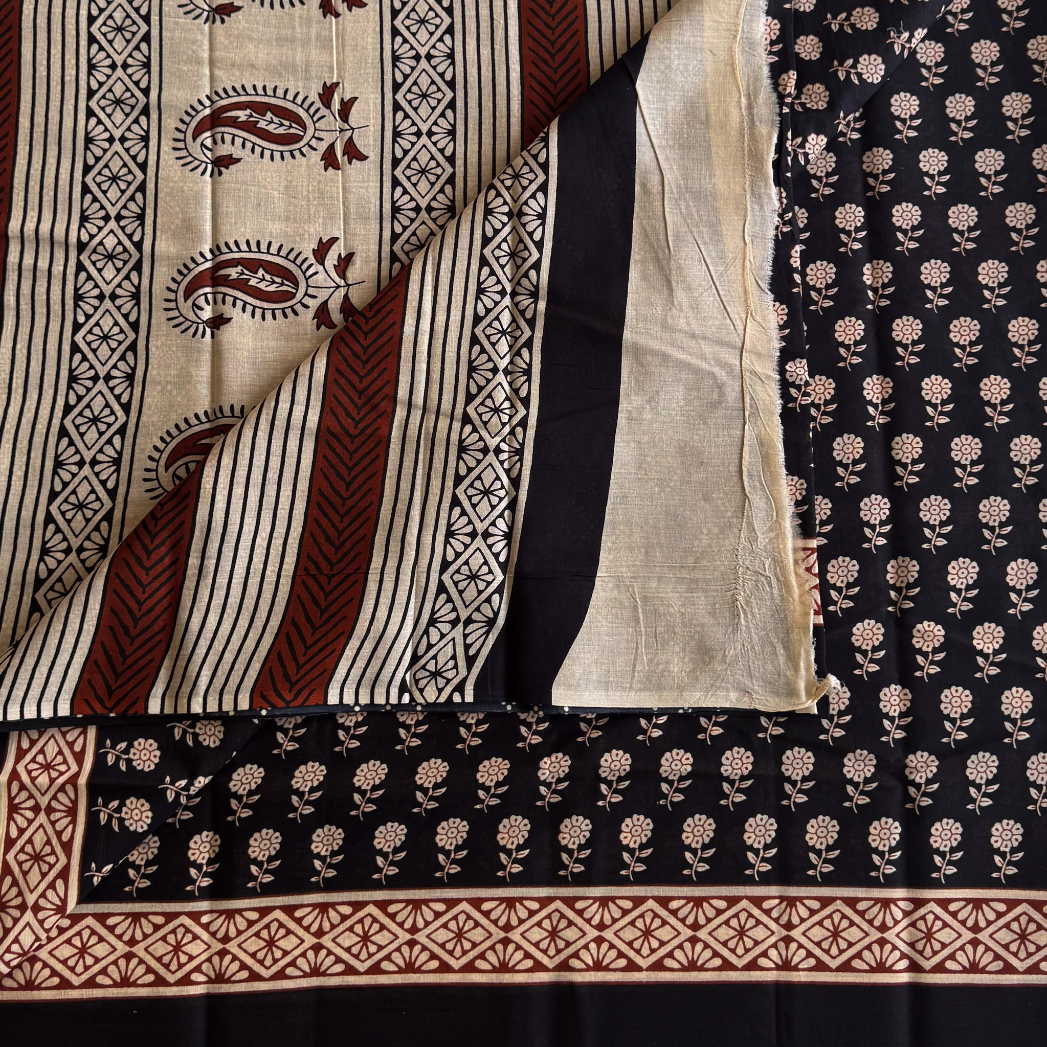Black Ivory Block Print Saree Paisley Floral Geometric Border