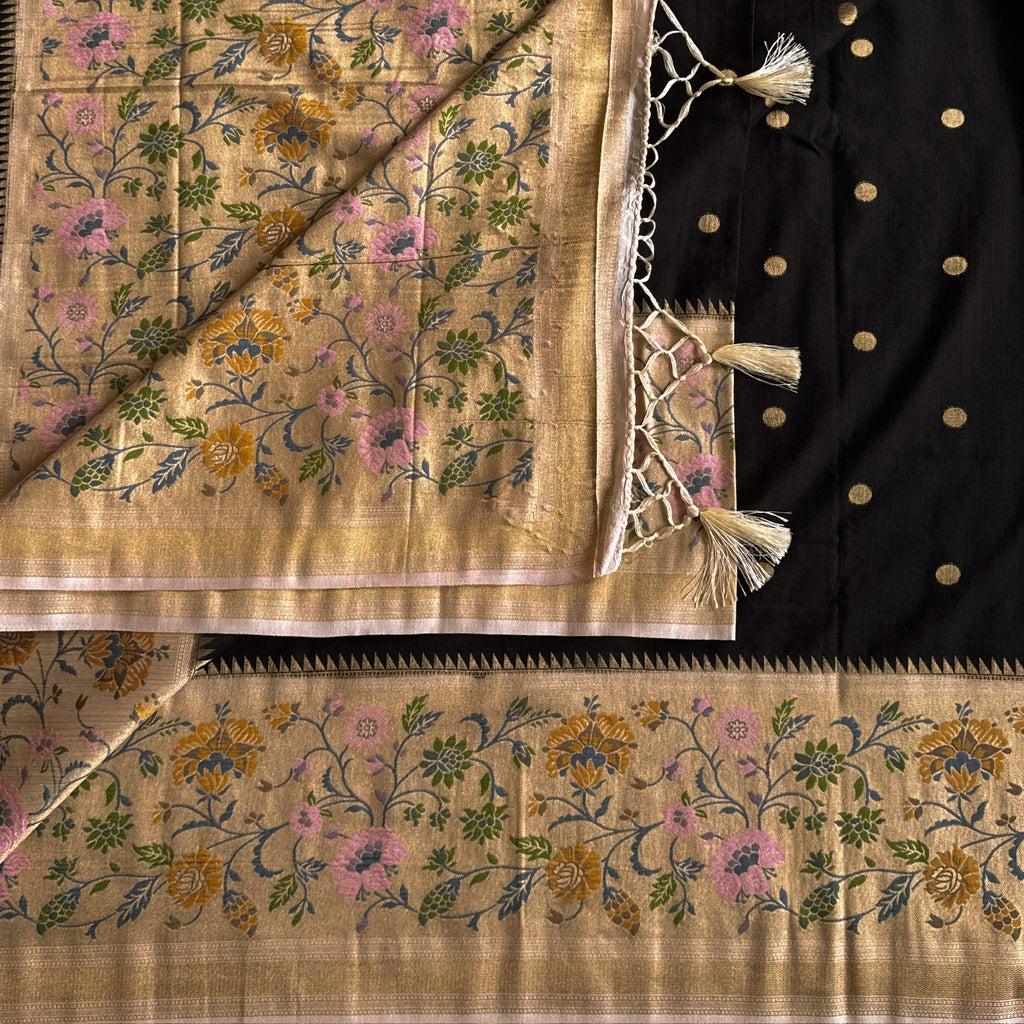 Midnight Black Saree Pale Beige Floral Pallu Gold Polka Dots