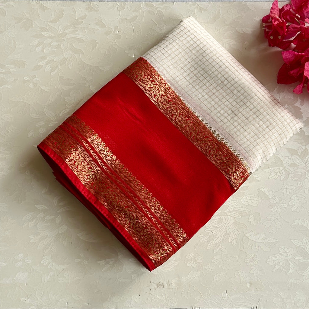 Pearl white Checked Saree Vermilion Red Gold Brocade Border Pallu Traditional
