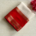 Pearl white Checked Saree Vermilion Red Gold Brocade Border Pallu Traditional