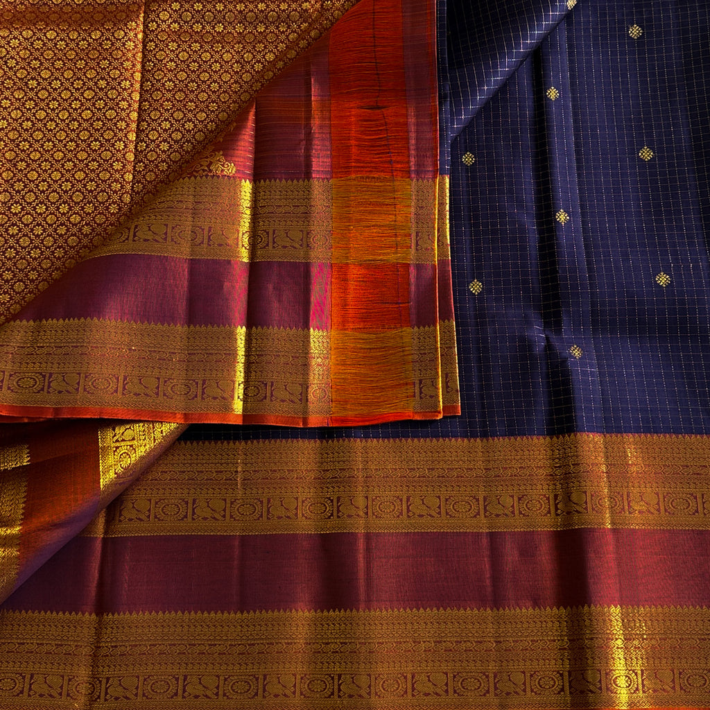 Deep Maroon Gold Brocade Silk Saree Navy Pallu Traditional Wedding