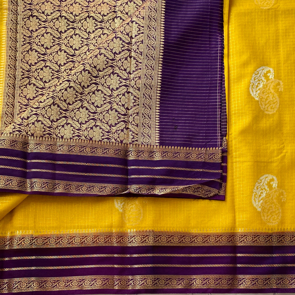 Golden Yellow Silk Saree Royal Purple Pallu Gold Zari Brocade