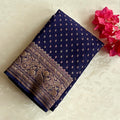 Royal Blue Brocade Silk Saree Antique Gold Zari Paisley Border