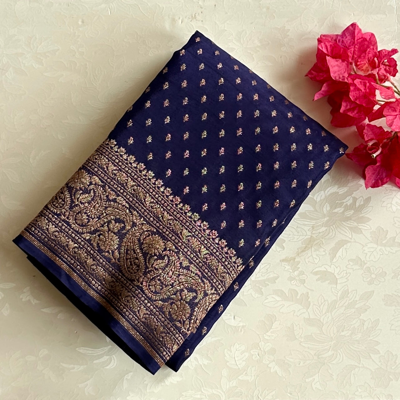 Royal Blue Brocade Silk Saree Antique Gold Zari Paisley Border