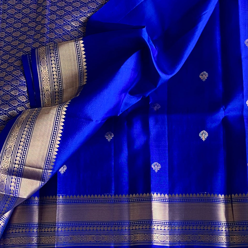 Royal Blue Designer Pure Silk Saree With Antique Gold Brocade Pallu