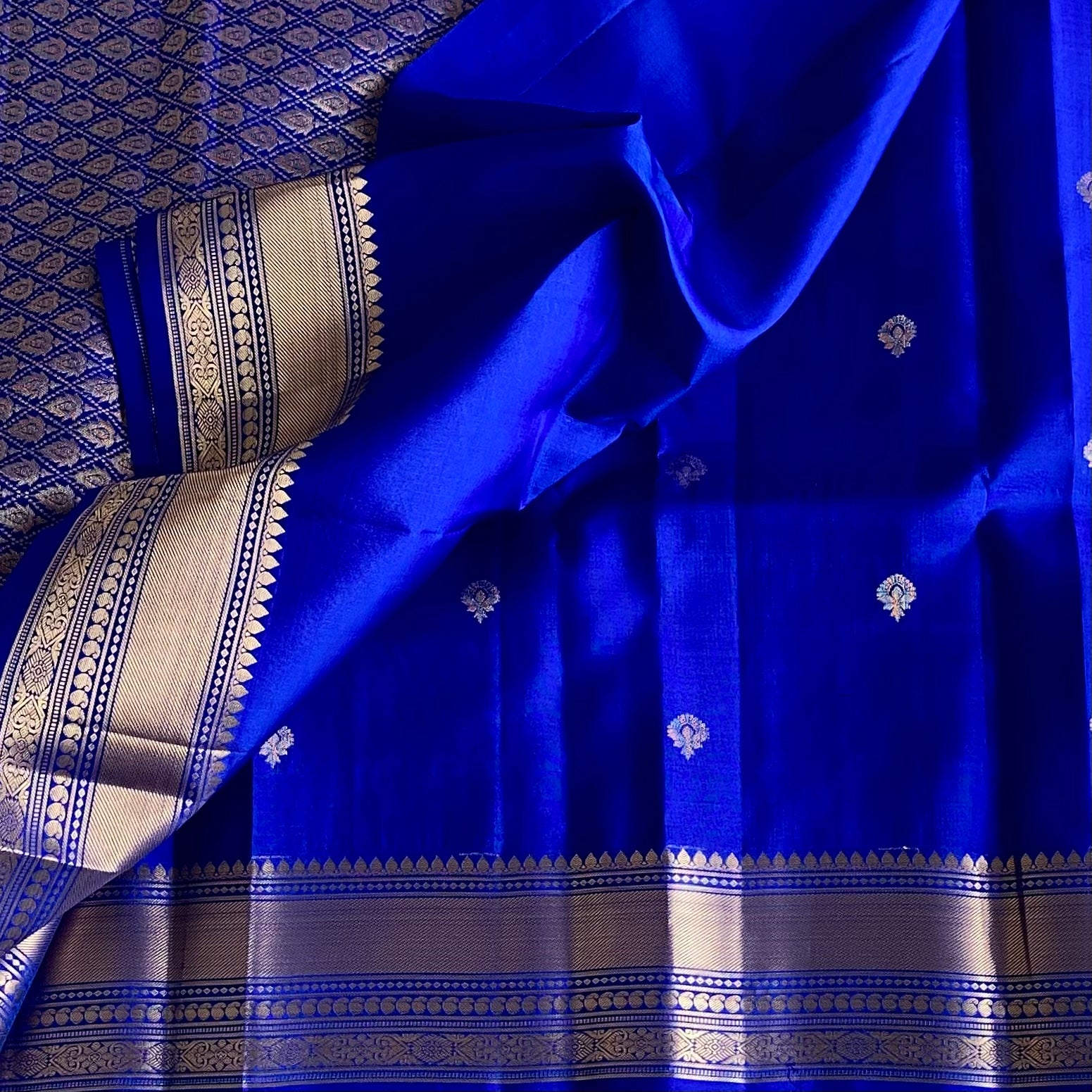 Royal Blue Designer Pure Silk Saree With Antique Gold Brocade Pallu