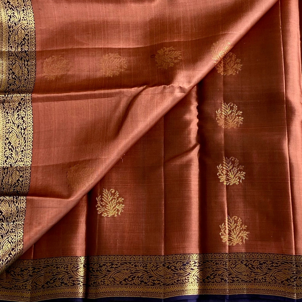 Rare Bronze Copper Designer Pure Silk Saree With Midnight Blue Pallu