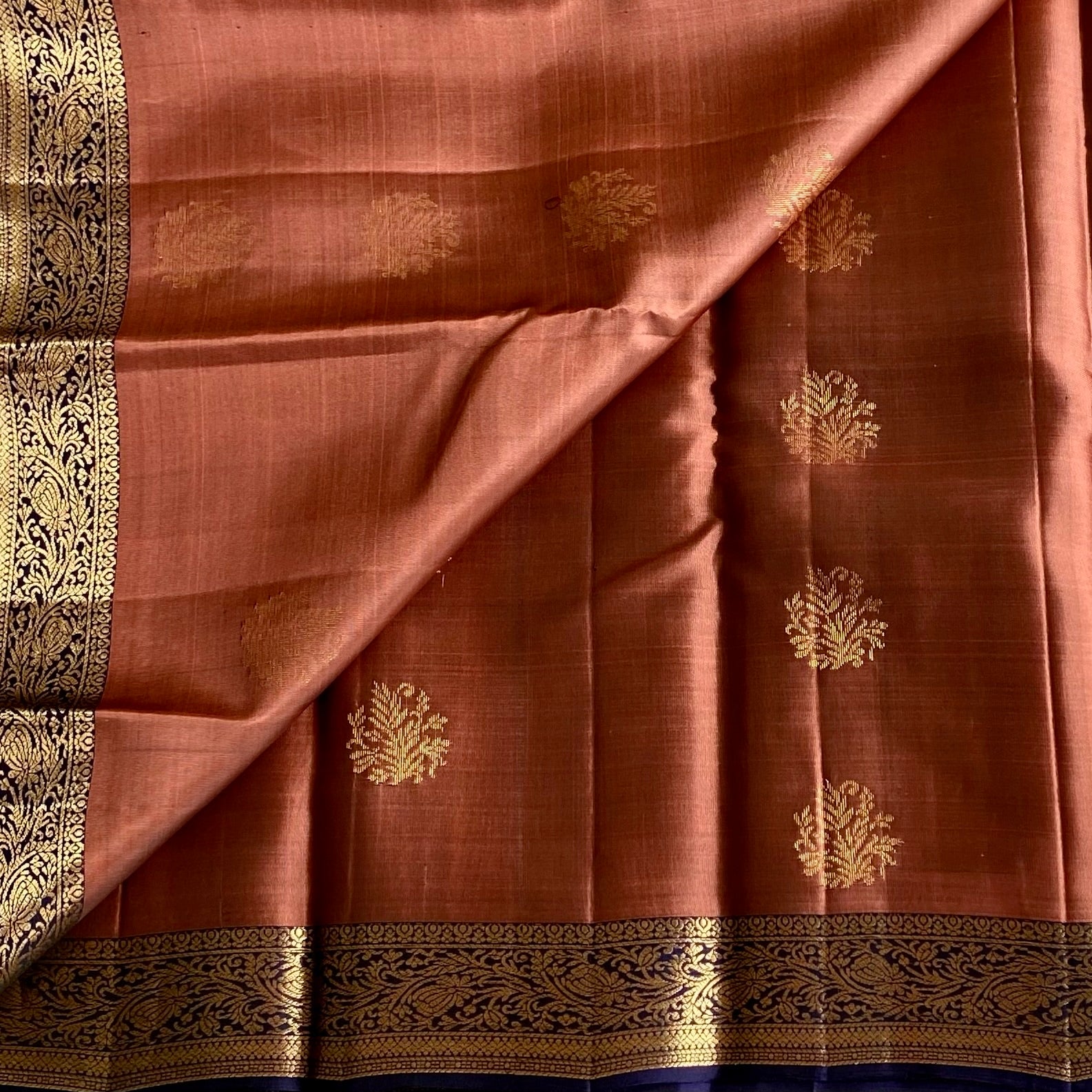 Rare Bronze Copper Designer Pure Silk Saree With Midnight Blue Pallu