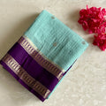 Sea Blue Soft Tussar Silk Saree With Royal Purple Pallu