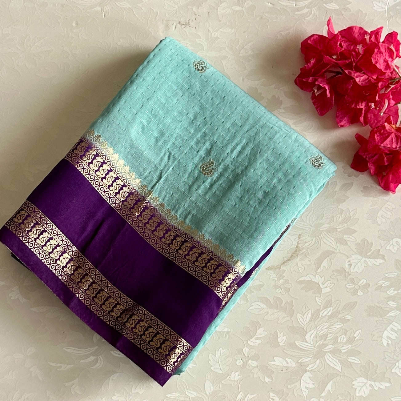 Sea Blue Soft Tussar Silk Saree With Royal Purple Pallu