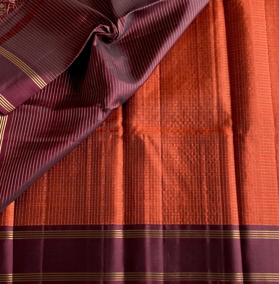 Deep Maroon Designer Pure Silk Saree With Burnt Orange Pallu