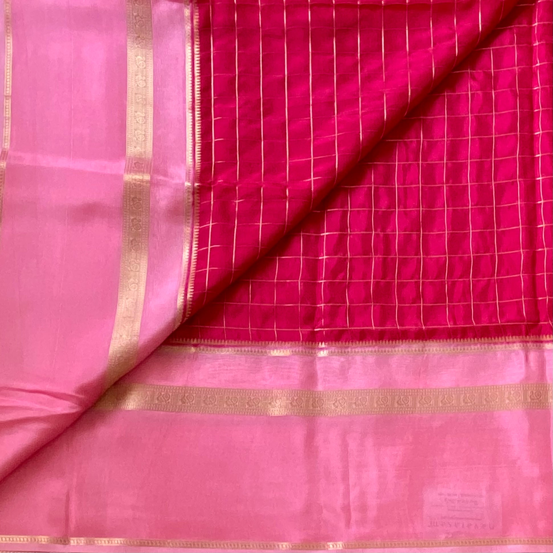 Stunner red with soft rose pink premium crepe silk with checkered work