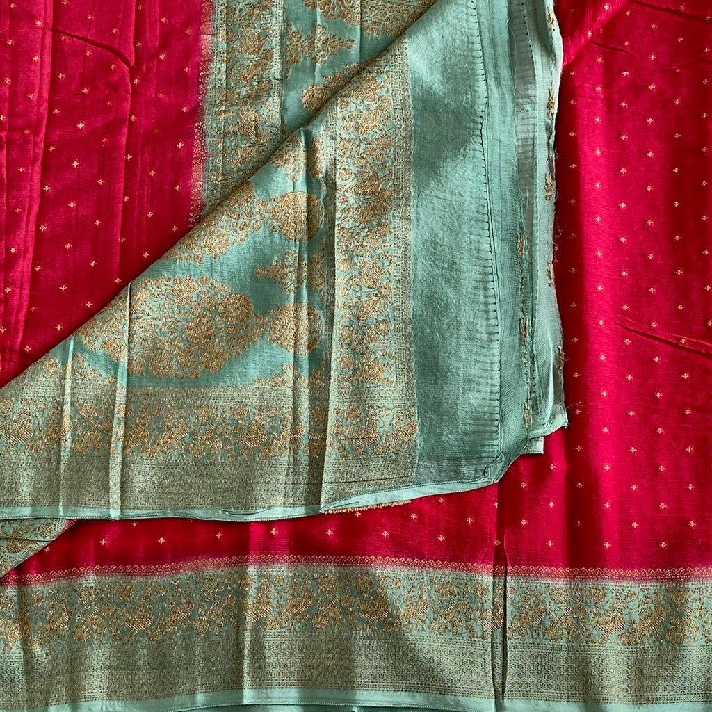 Rani Pink Soft Tussar Silk Saree With Aqua Green Pallu